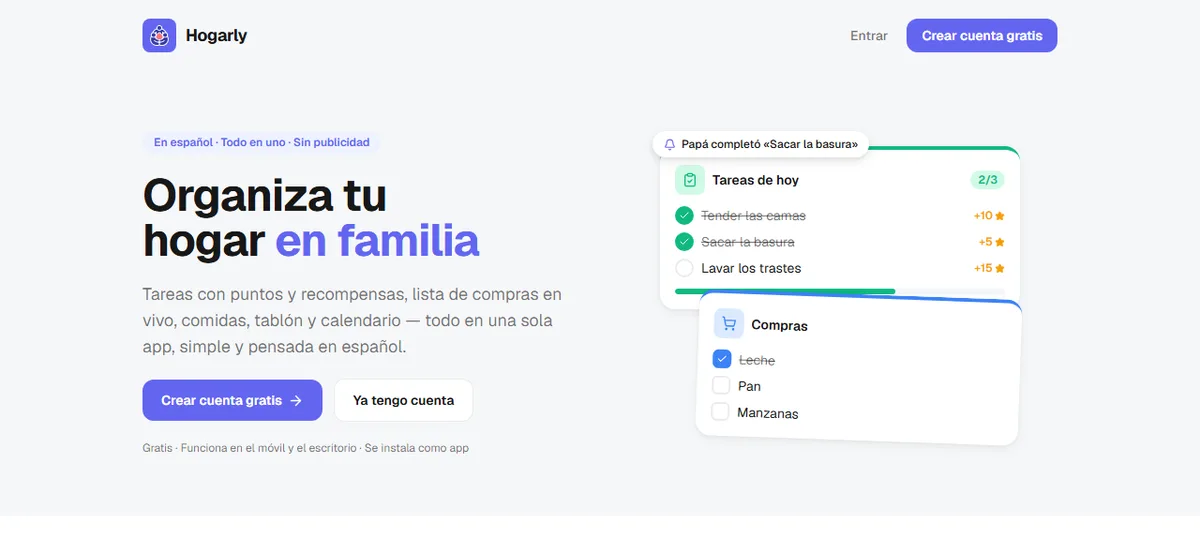 Aplicación Hogarly para organizar tareas y compras del hogar en familia