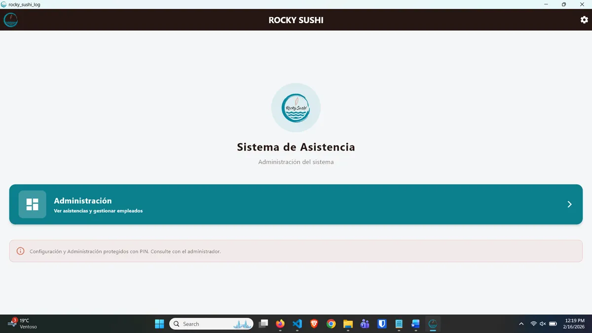 Panel administrativo del sistema biométrico de asistencia de Rocky Sushi